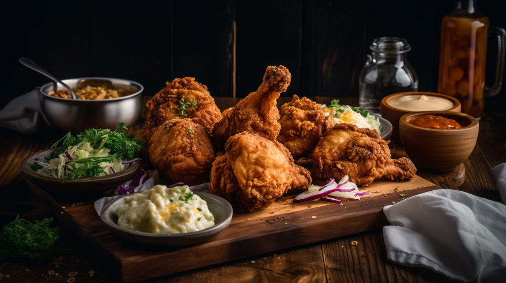 Golden, crispy fried chicken legs served with coleslaw, mashed potatoes, and dipping sauces on a rustic wooden platter.


