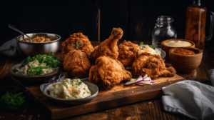 A wooden serving board loaded with crispy fried chicken legs and fried chicken drumsticks, surrounded by easy fried chicken side dishes like mashed potatoes, salad, and sauces, presented in a rustic kitchen setting.
