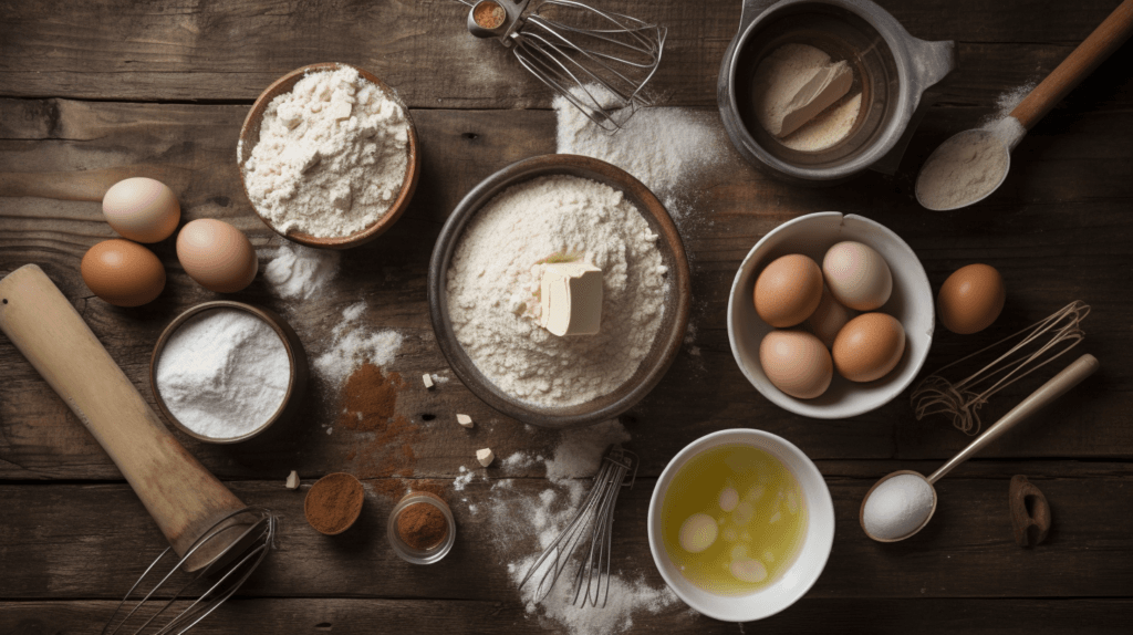 Pancakes and Eggs: A Delicious Breakfast Pair 2 Baking ingredients for pancakes and eggs, including flour, milk, sugar, and butter, neatly arranged on a kitchen counter.