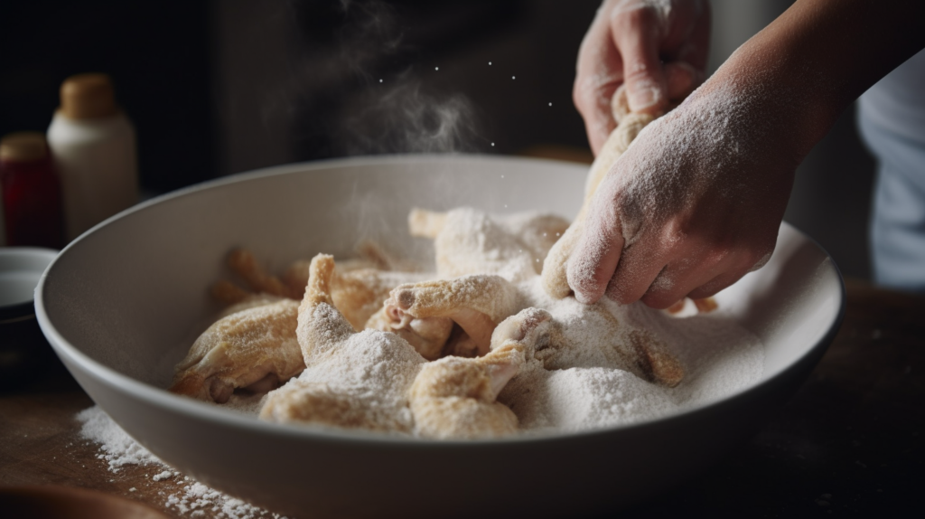 Chicken legs being coated in a seasoned flour and cornstarch mixture, ready to make crispy fried chicken legs.


