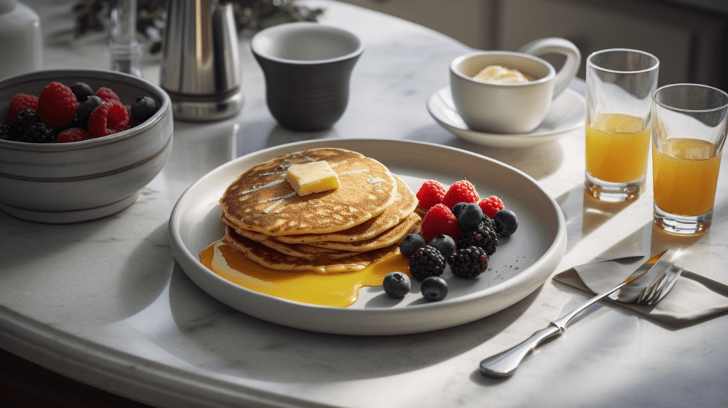 Pancakes and Eggs: A Delicious Breakfast Pair 3 A breakfast plate with two pancakes and eggs, featuring syrup-drizzled pancakes, a sunny-side-up egg, and fresh berries on the side.