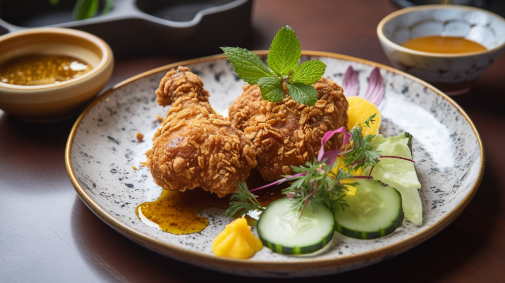 A plate of crispy fried chicken legs served with fresh green salad, cucumbers, and honey mustard dipping sauce.


