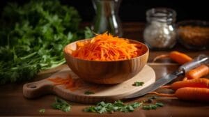 A bowl of frozen shredded carrots on a wooden countertop surrounded by fresh carrots, a grater, and spices, emphasizing their versatility in cooking.
