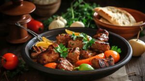 A dinner table showcasing grilled chicken kebabs, beef stew, baked meatballs in tomato sauce, and stir-fried beef with vegetables, perfect for meat recipes for dinner.