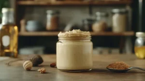 Does Tahini Need To Be Refrigerated? A jar of creamy tahini with a spoon on a wooden kitchen counter