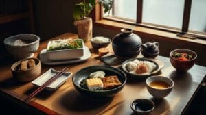 A beautifully arranged Japanese main breakfast featuring steamed rice, miso soup, grilled fish, pickled vegetables, and tamagoyaki on a wooden table.