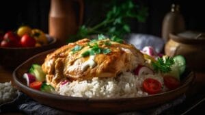 A flavorful dish of marinated chicken over rice, garnished with parsley, creamy sauce, and fresh vegetables on a rustic table.