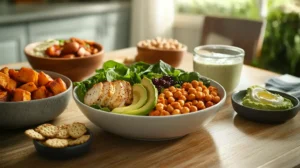What Should a 40 Year Old Woman Eat to Lose Weight A realistic meal spread with salads, lean protein, whole grains, Greek yogurt, and a green smoothie on a cozy kitchen table."