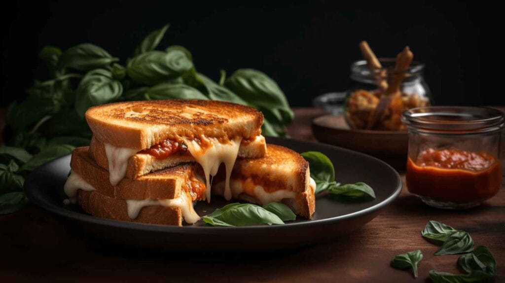 Is Mozzarella a Good Cheese for Grilled Cheese? 3 A grilled cheese sandwich with melted mozzarella, basil, and marinara sauce on a plate. Is mozzarella a good cheese for grilled cheese?