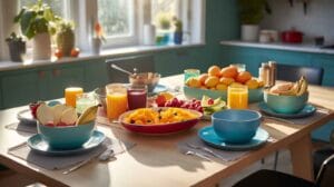 A vibrant breakfast table with a smoothie bowl, pancakes, scrambled eggs, and toast, showcasing Breakfast Ideas for 13-Year-Olds.