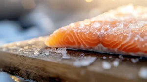 Can frozen salmon go bad? Close-up of a frosty salmon fillet with visible freezer burn on a wooden cutting board.
