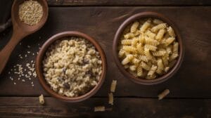 Side-by-side bowls of cooked small pasta and uncooked fusilli pasta. Discover: Is Acini De Pepe The Same As Pastina?