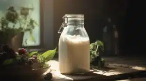 A glass jar filled with fresh goat’s milk sits on a rustic wooden table, surrounded by natural sunlight and a bowl of blackberries with green leaves, highlighting the rich and creamy goat milk taste.
