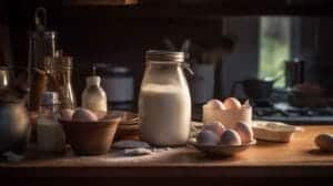 Does evaporated milk go bad? A can of evaporated milk sits on a wooden kitchen counter alongside baking ingredients in a warm, rustic kitchen setting.