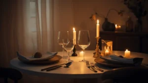 Easy dinner ideas for two with a candlelit table, elegant dinnerware, and a cozy atmosphere.