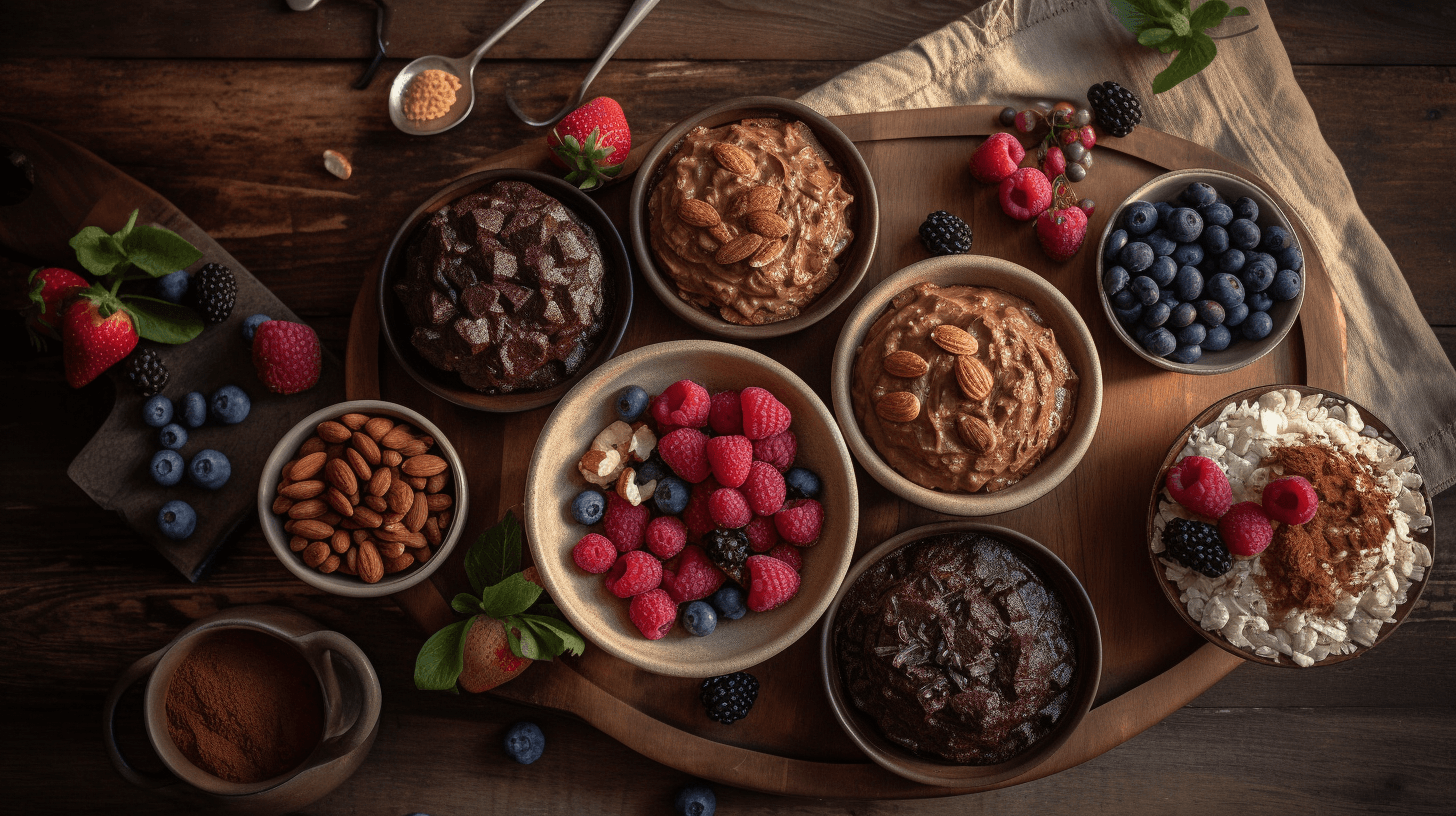 Chocolate rice cakes with assorted toppings on a rustic plate.