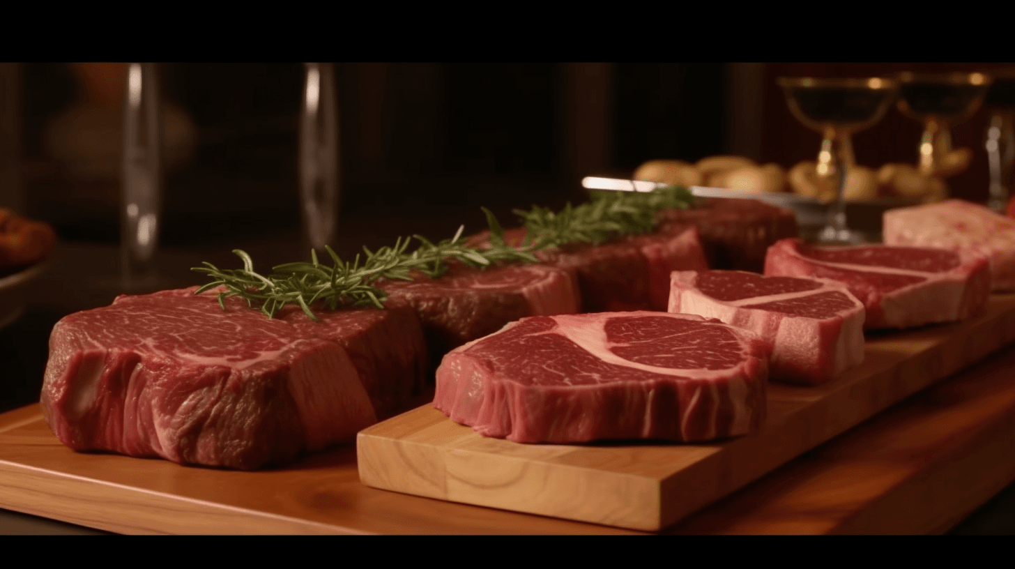 A selection of premium steak cuts, including A5 Wagyu ribeye, Kobe beef, tenderloin, and tomahawk steak, arranged on a wooden board with fresh garnishes.