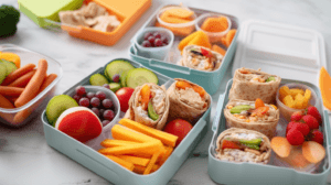 School lunch ideas displayed in colorful lunchboxes, featuring wraps, veggie sticks, fresh fruits, and whole-grain snacks, perfect for kids.