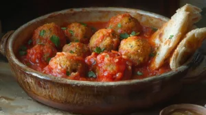 Falafel in Sauce served in a ceramic bowl with warm pita bread and tahini on a rustic dining table.