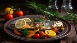 A beautifully plated Fish Food Recipe with grilled fish, fresh herbs, lemon slices, and roasted vegetables on a rustic wooden table.