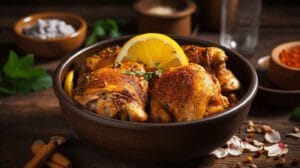 Spicy chicken noodle soup in a bowl with fresh herbs and vegetables