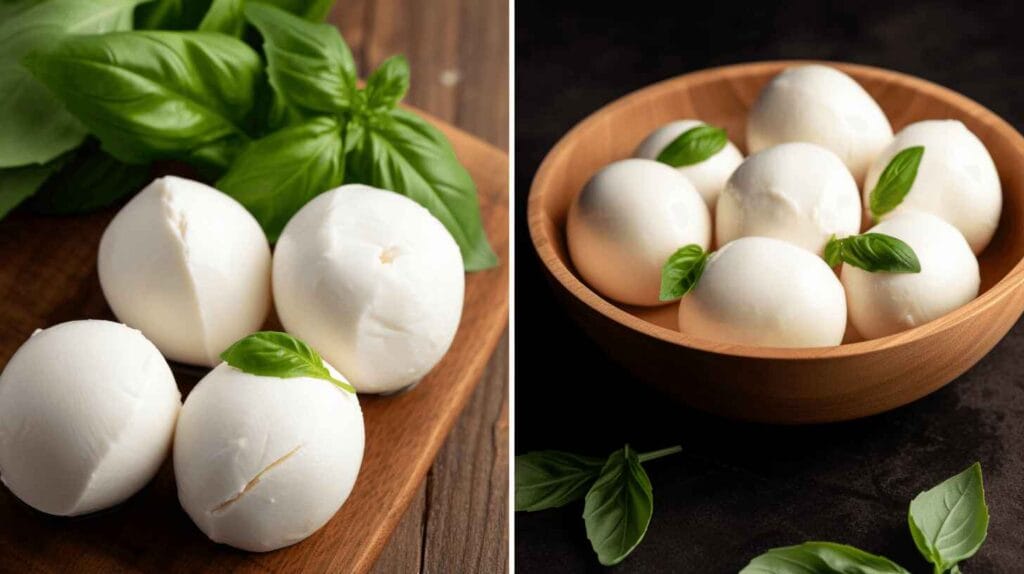 Is Mozzarella a Good Cheese for Grilled Cheese? 2 Fresh mozzarella balls on a wooden board and in a bowl with basil leaves. Is mozzarella a good cheese for grilled cheese?