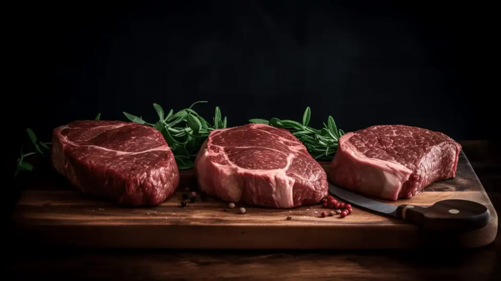Beef Steaks: The Ultimate Guide to Perfect Flavor 3 Fresh raw beef steaks with marbling on a wooden board, garnished with rosemary and peppercorns.