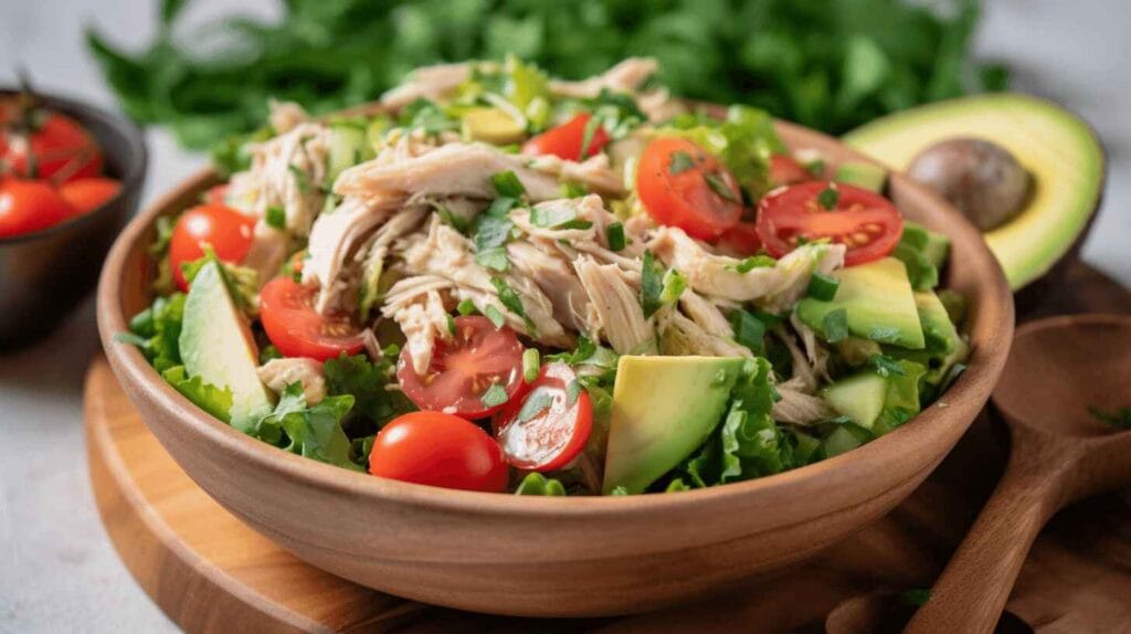 Leftover Rotisserie Chicken Recipes Your Family Will Love 3 A fresh salad made with leftover rotisserie chicken, cherry tomatoes, avocado, and greens, highlighting a healthy leftover rotisserie chicken recipe.