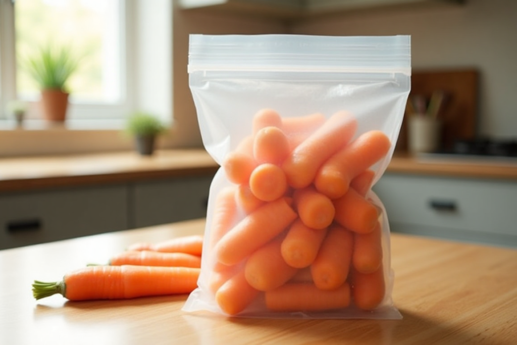 A resealable bag of frozen carrots on a clean kitchen counter with some scattered fresh carrots nearby.