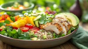 Gluten Free Lunch with quinoa salad, grilled chicken, avocado, and fresh vegetables in a bowl.