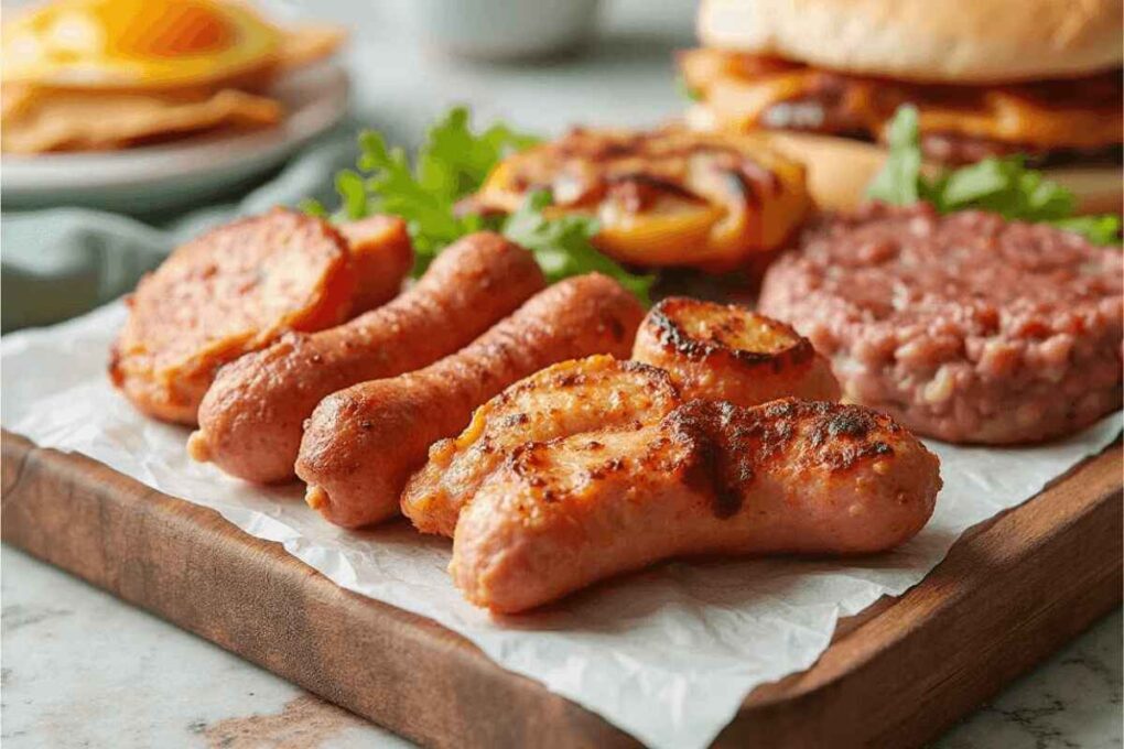 Healthy Breakfast Meats: 10 Best Options for Your Morning 4 A close-up of assorted cooked breakfast meats arranged on a wooden board, including grilled chicken strips, turkey sausage links, and a lean meat patty, with warm lighting and a soft background.