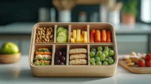 A kids' lunchbox filled with small sandwiches, fresh fruit, vegetable sticks, cheese cubes, and hummus, placed on a kitchen counter.
