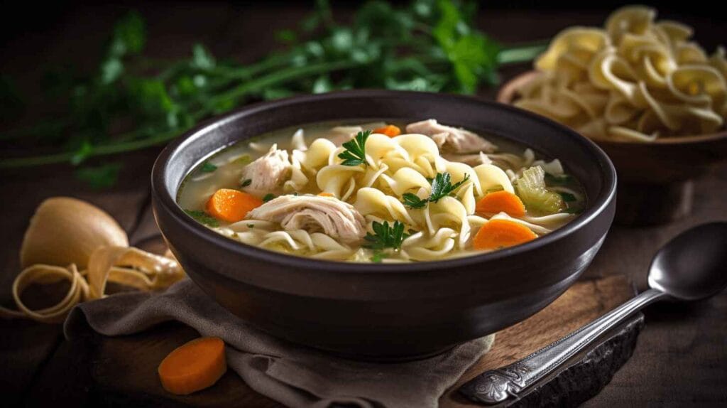 Leftover Rotisserie Chicken Recipes Your Family Will Love 2 A bowl of chicken noodle soup made with shredded chicken, carrots, and noodles, showcasing one of the best leftover rotisserie chicken recipes.