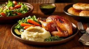 A beautifully arranged Sunday dinner table with roasted chicken, mashed potatoes with herb gravy, fresh green salad, roasted vegetables, and warm bread