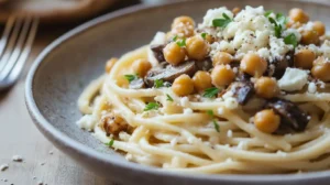 How to Add Protein to Pasta Without Meat A high-protein vegetarian pasta dish with creamy white bean sauce, pan-fried mushrooms, roasted chickpeas, and crushed walnuts, served on a rustic wooden table