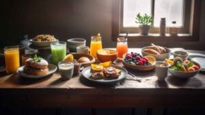 Breakfast Ideas: 25 Powerful Ways To Fuel Your Morning Energy 1 Inspiring Breakfast Ideas For A Healthy And Bright Morning, with bowls of fresh fruit, croissants, cereal, orange juice, and coffee on a rustic wooden table in warm natural light.