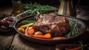 Tender, golden-brown instant lamb shoulder garnished with rosemary, served with roasted vegetables on a rustic wooden table.