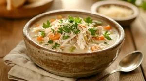 A bowl of Italian Penicillin Soup with shredded chicken, orzo pasta, carrots, and celery, garnished with parsley and Parmesan.
