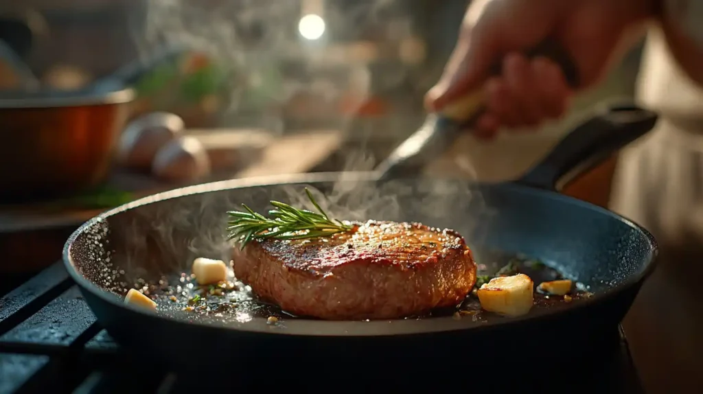 Beef Steaks: The Ultimate Guide to Perfect Flavor 2 Beef steaks sizzling in a cast iron pan with butter, garlic, and rosemary, creating a rich golden crust.