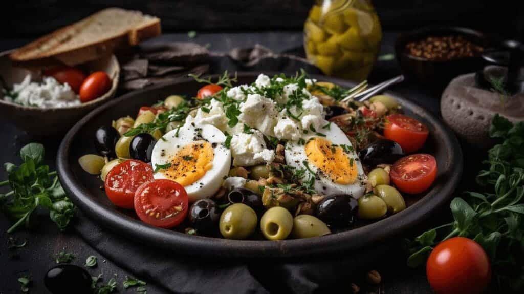 Greek Breakfast: 10 Healthy and Delicious Ideas 3 A traditional Greek breakfast platter featuring boiled eggs, feta cheese, black and green olives, cherry tomatoes, and fresh herbs.