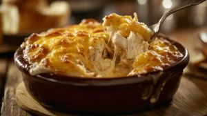Million Dollar Chicken Casserole in a rustic baking dish, golden and bubbly with a creamy, cheesy texture, served on a farmhouse table