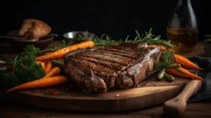 Beef steaks with a perfect sear, served with roasted carrots and fresh herbs on a wooden board