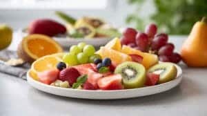 Replace lunch with fruits: A vibrant fruit platter with watermelon, kiwi, oranges, strawberries, grapes, and side portions of nuts and yogurt on a kitchen counter.