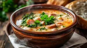 Sausage Kale and White Bean Soup: Easy, Hearty, and Delicious 1 A bowl of sausage kale and white bean soup with fresh parsley and crusty bread on a wooden table.