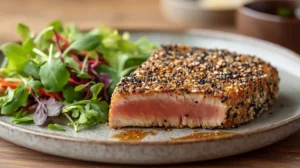 Sesame Seed Crusted Tuna sliced and served with mixed greens and soy-ginger sauce on a rustic plate