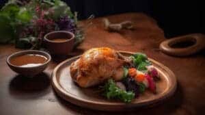 Golden-brown smoked chicken thigh on a rustic plate, drizzled with sauce, with fresh herbs and a side dish in the background.