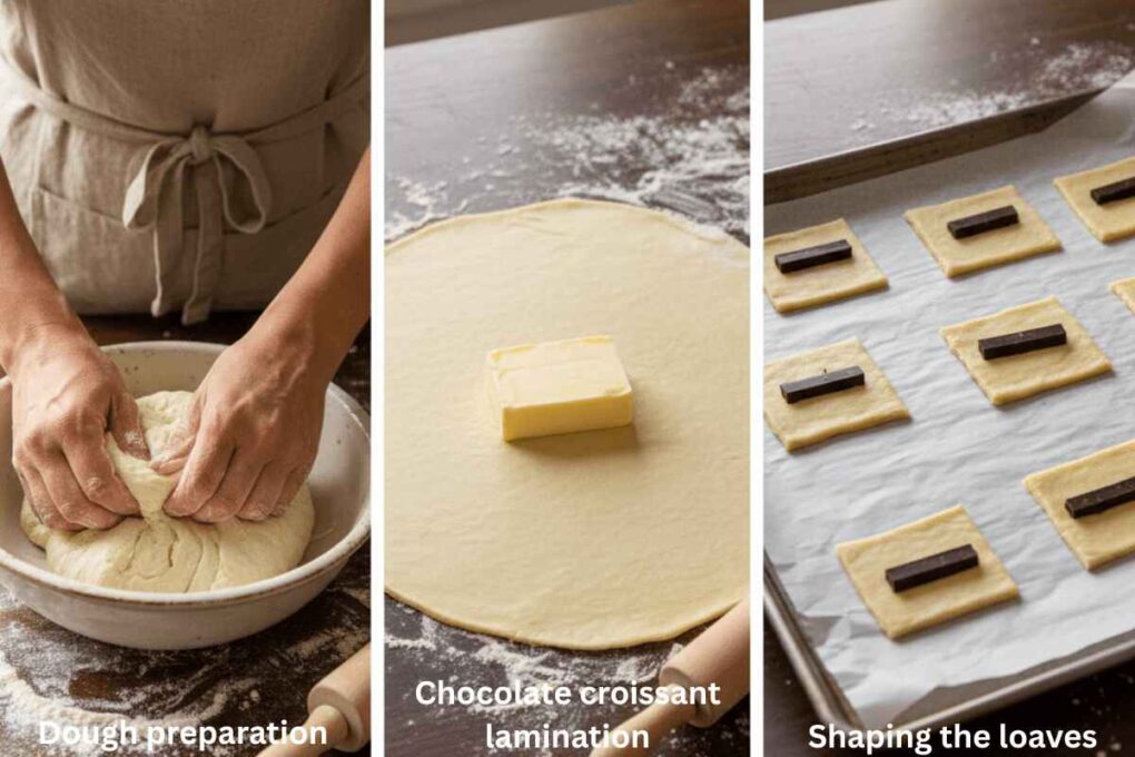Three-step process of making chocolate croissants, including dough preparation, butter lamination, and shaping the loaves for baking, representing classic French Breakfast Foods.