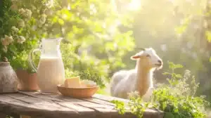 A rustic outdoor scene featuring a wooden table with a glass jug of fresh goat’s milk, a small bowl of goat cheese with fresh herbs, and a friendly goat nearby, symbolizing the benefits of goat's milk for health and nutrition.