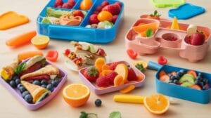 Colorful toddler lunch ideas with sandwich roll-ups, fruits, vegetables, and finger foods in a bento box on a bright, kid-friendly table.