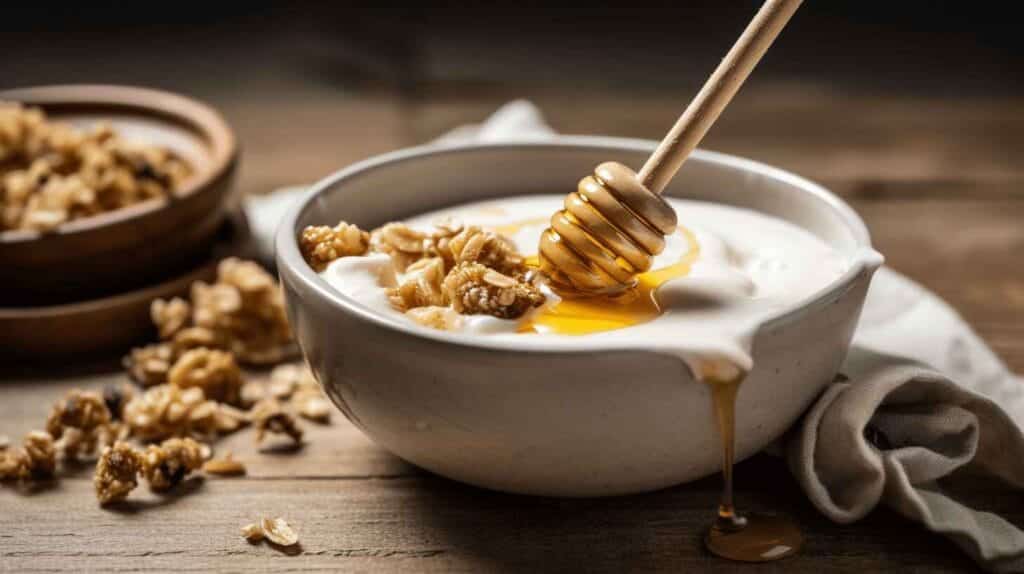 Greek Breakfast: 10 Healthy and Delicious Ideas 2 A bowl of creamy Greek yogurt topped with golden honey and crunchy walnuts, a classic Greek breakfast.